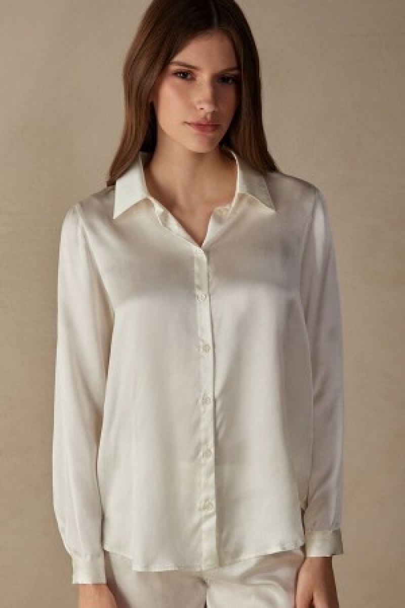 Intimissimi Long Sleeve Silk Shirt Wit | PNLER92176